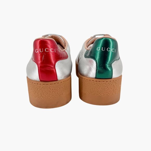 Gucci Ace Bee Silver Leather Platform Low Top Sneakers Shoes Size 41 US 11 Women - Picture 6 of 15